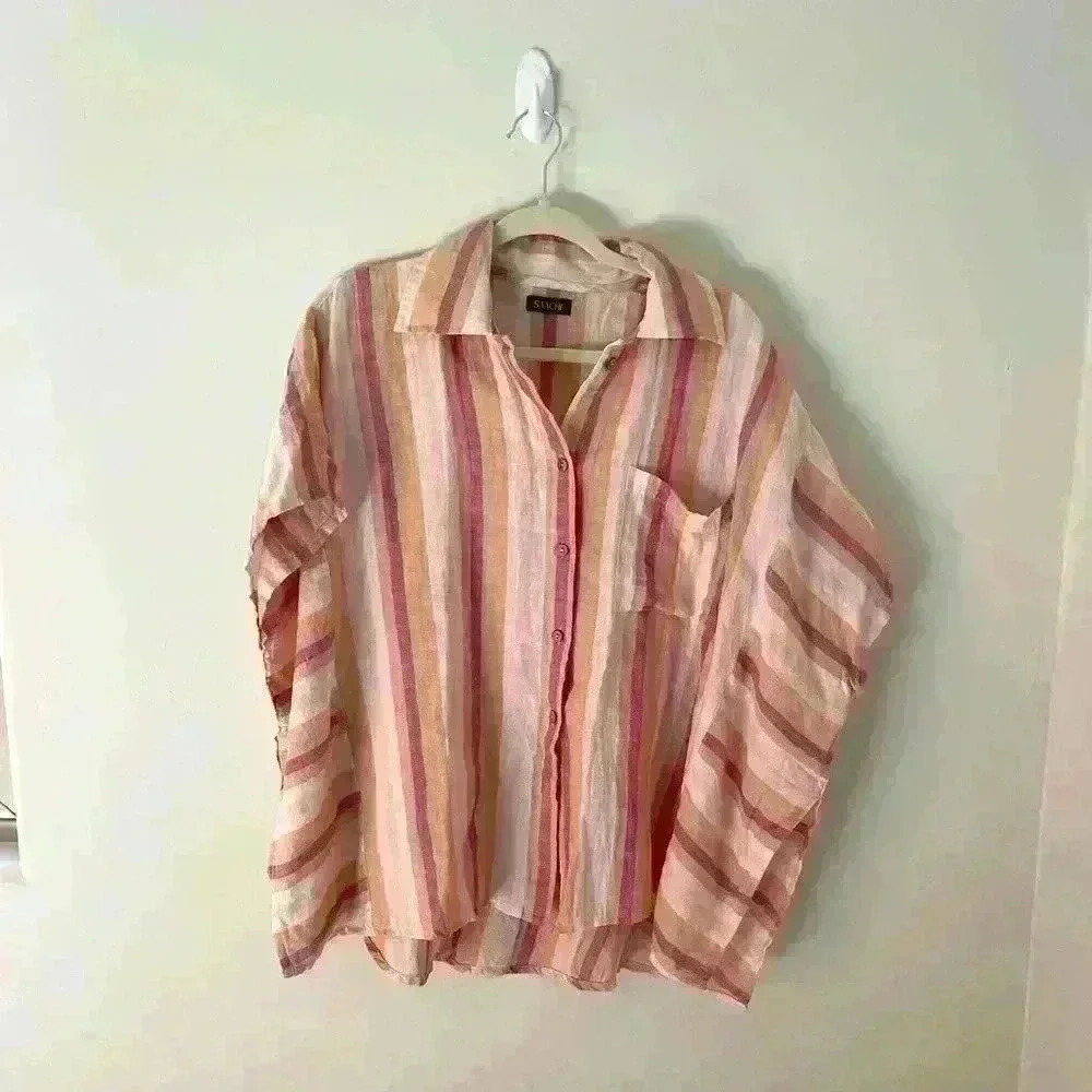Saachi Oversized Pink Stripe Linen Blend Shirt beach coastal grandma Lagenlook